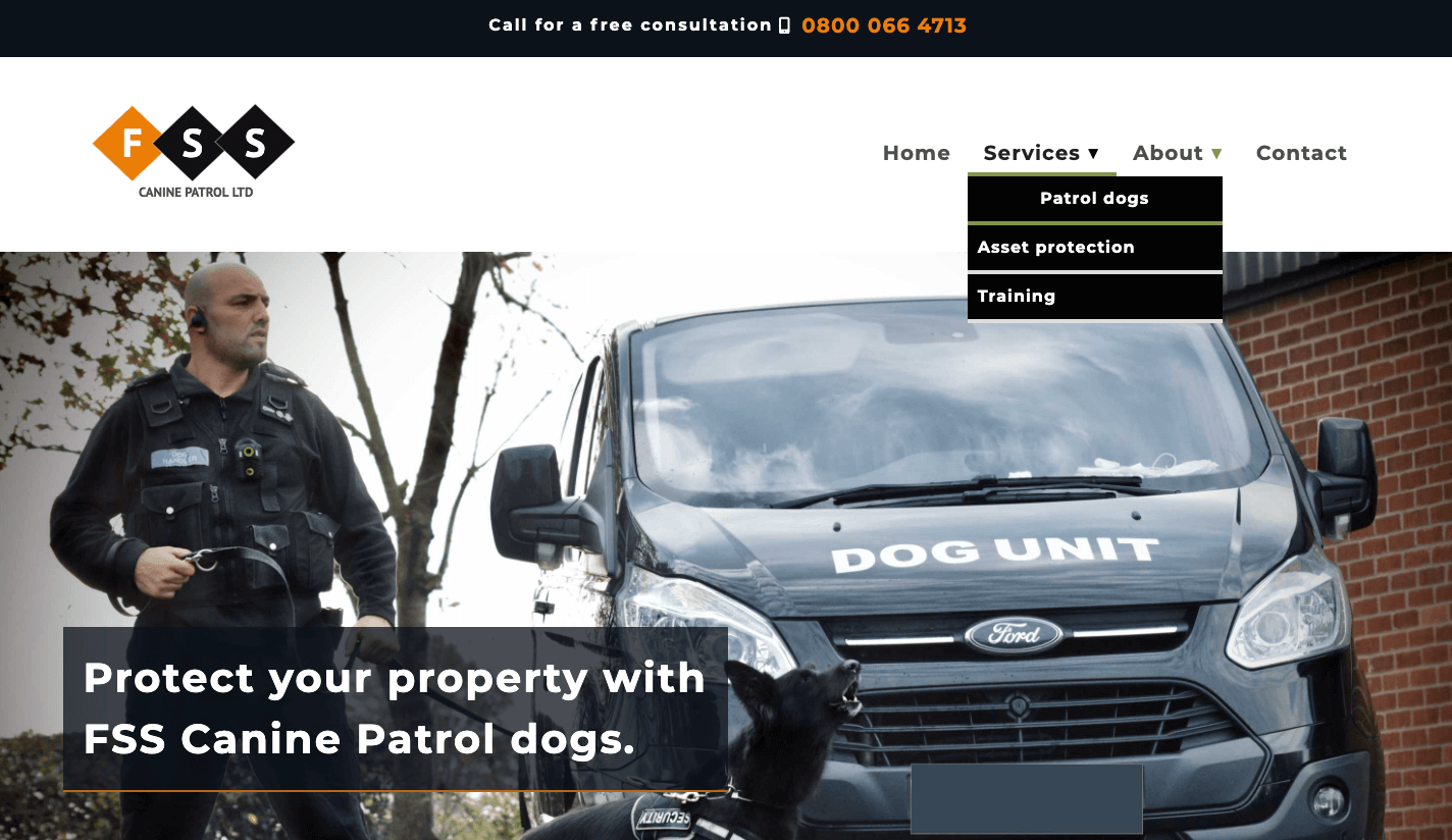 FSS security patrol dogs webpage showing man with guard dog